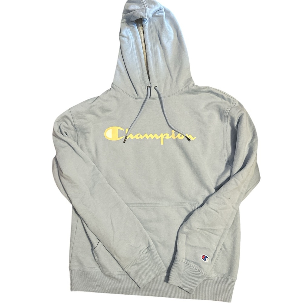 Champion Light Blue Hoodie with Yellow Logo, Size: Medium